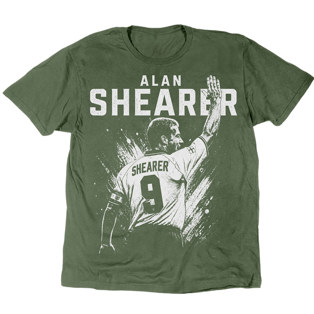 Alan Shearer T-Shirt mit einer Hand in der Luft