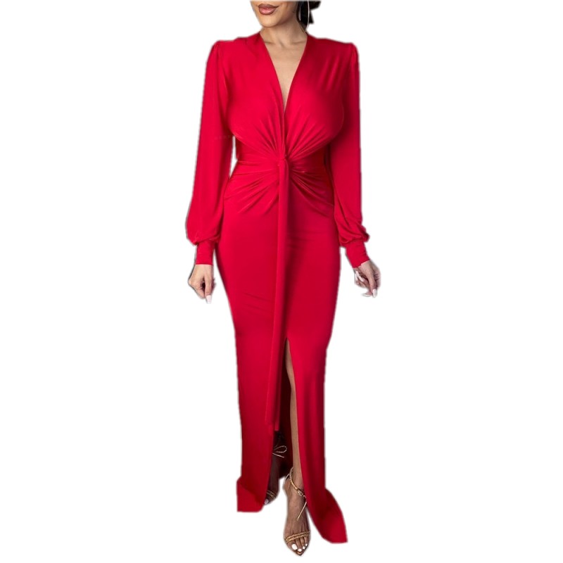 Elegant Party Long Sleeve Slim Slit Fashion  Maxi Dress