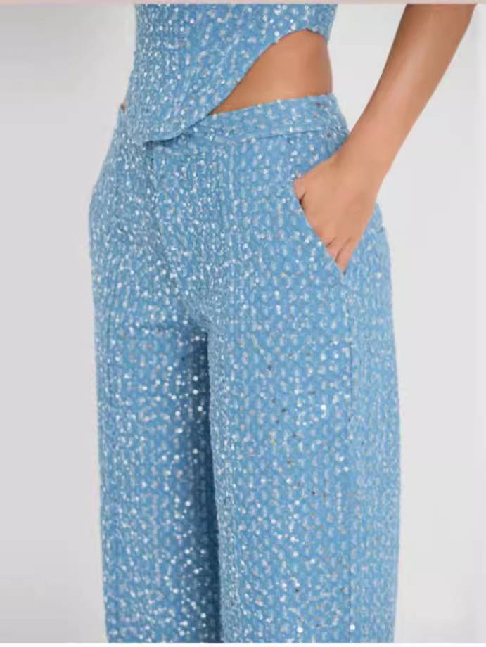 Denim Sequined Tube Top Wide-leg Pants Suit