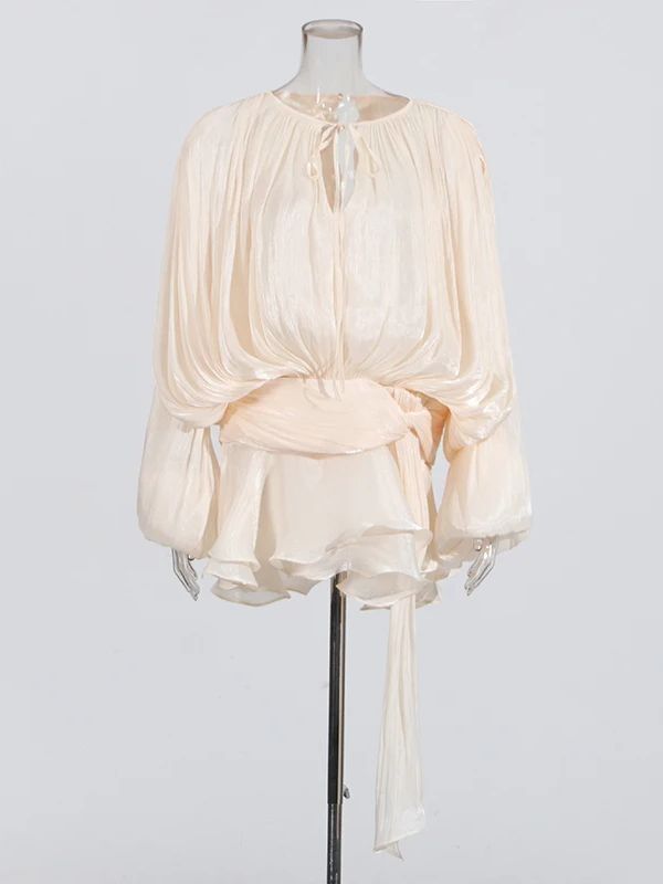 Solid Blouse Mini Dresses For Women V Neck Long Sleeve Spliced Lace Up Sweet Style Dress Female Clothing Fashion