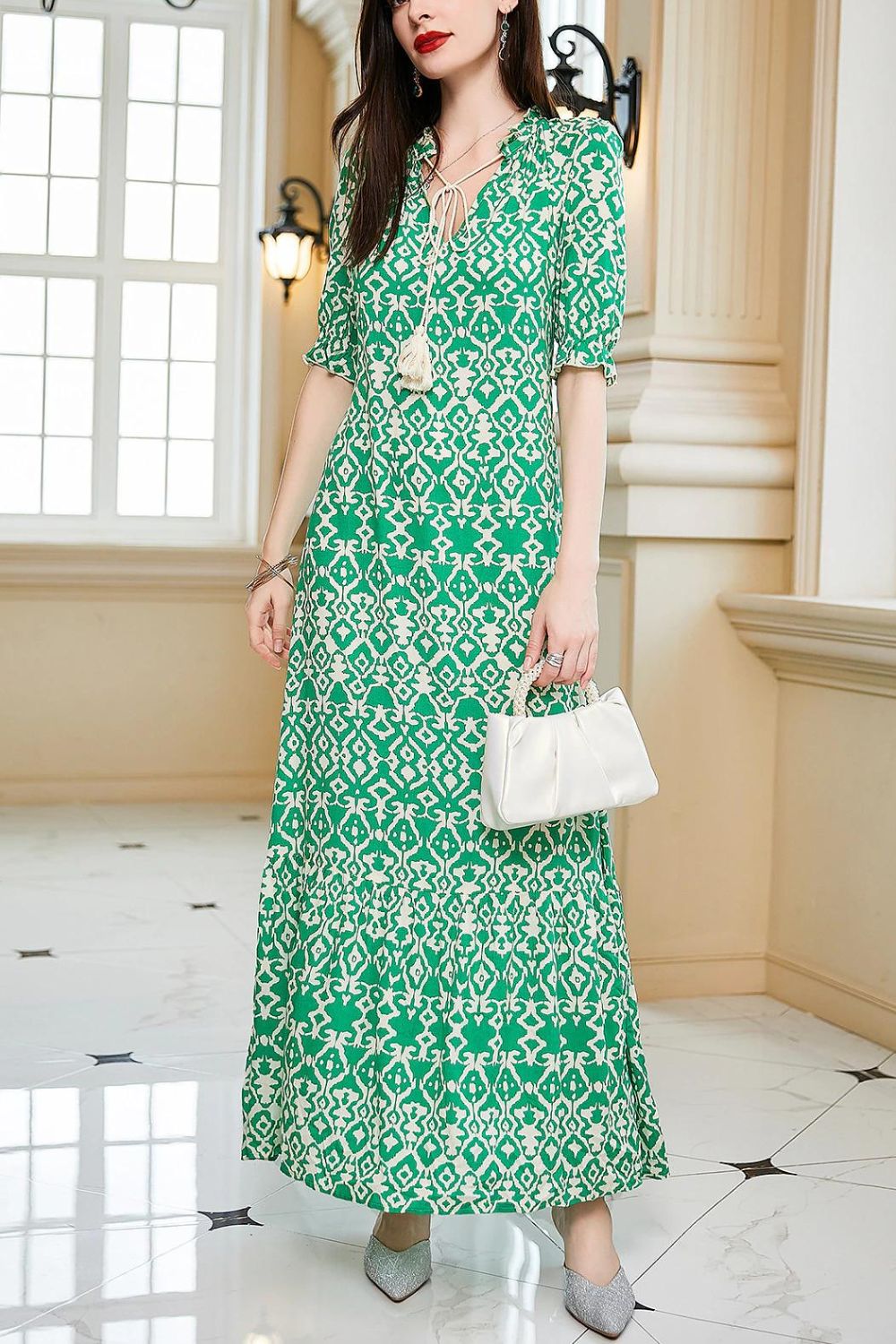 Fashion Women's Sexy V Neck Elegant Prom Print Casual Maxi Dress