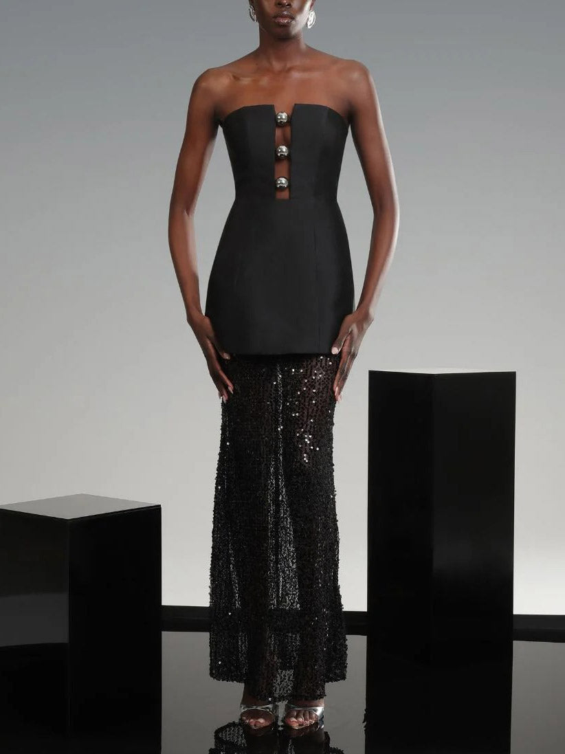 Elegant Bandeau Neck Sequined Maxi Dress