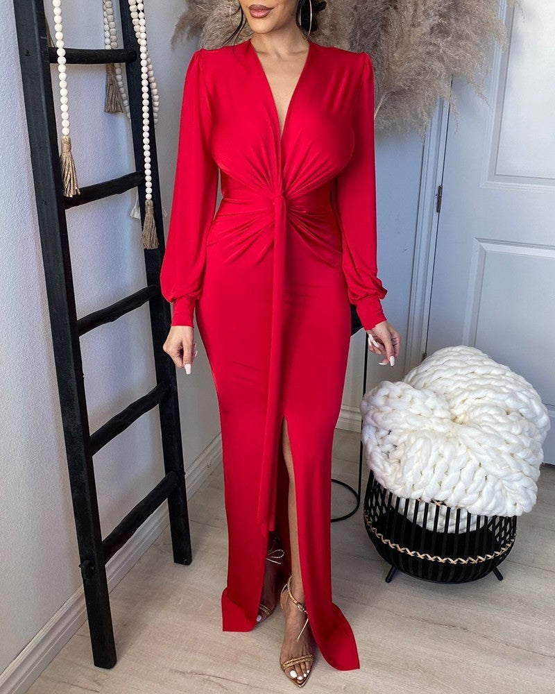 Elegant Party Long Sleeve Slim Slit Fashion  Maxi Dress