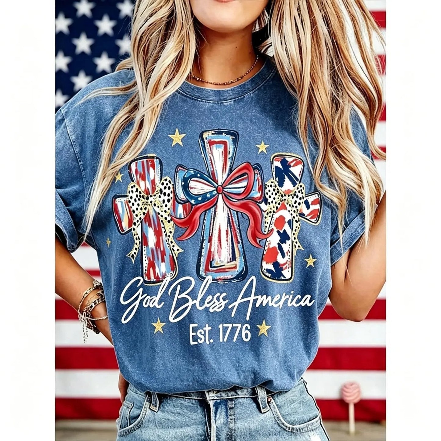 ⭐ God Bless America Women Washed T-Shirt - Vintage 250th Anniversary USA Gift Tee🎆