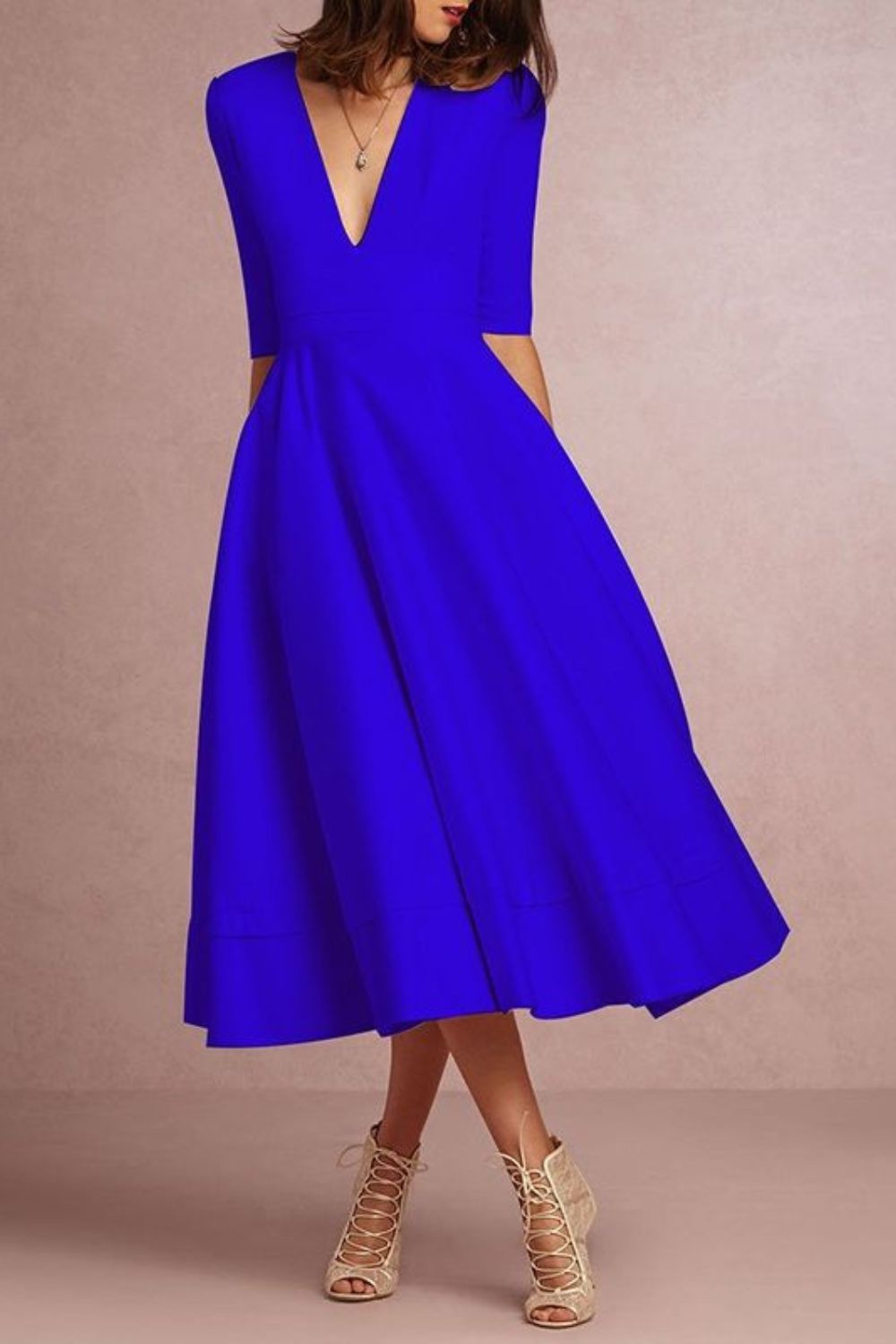 Deep V Neck Party Half Sleeves Sexy Solid Elegant Office Vintage A-Line Dress