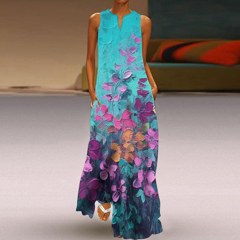 Summer Women Fashion Elegant Sleeveless V Neck Print Sexy Maxi Dress
