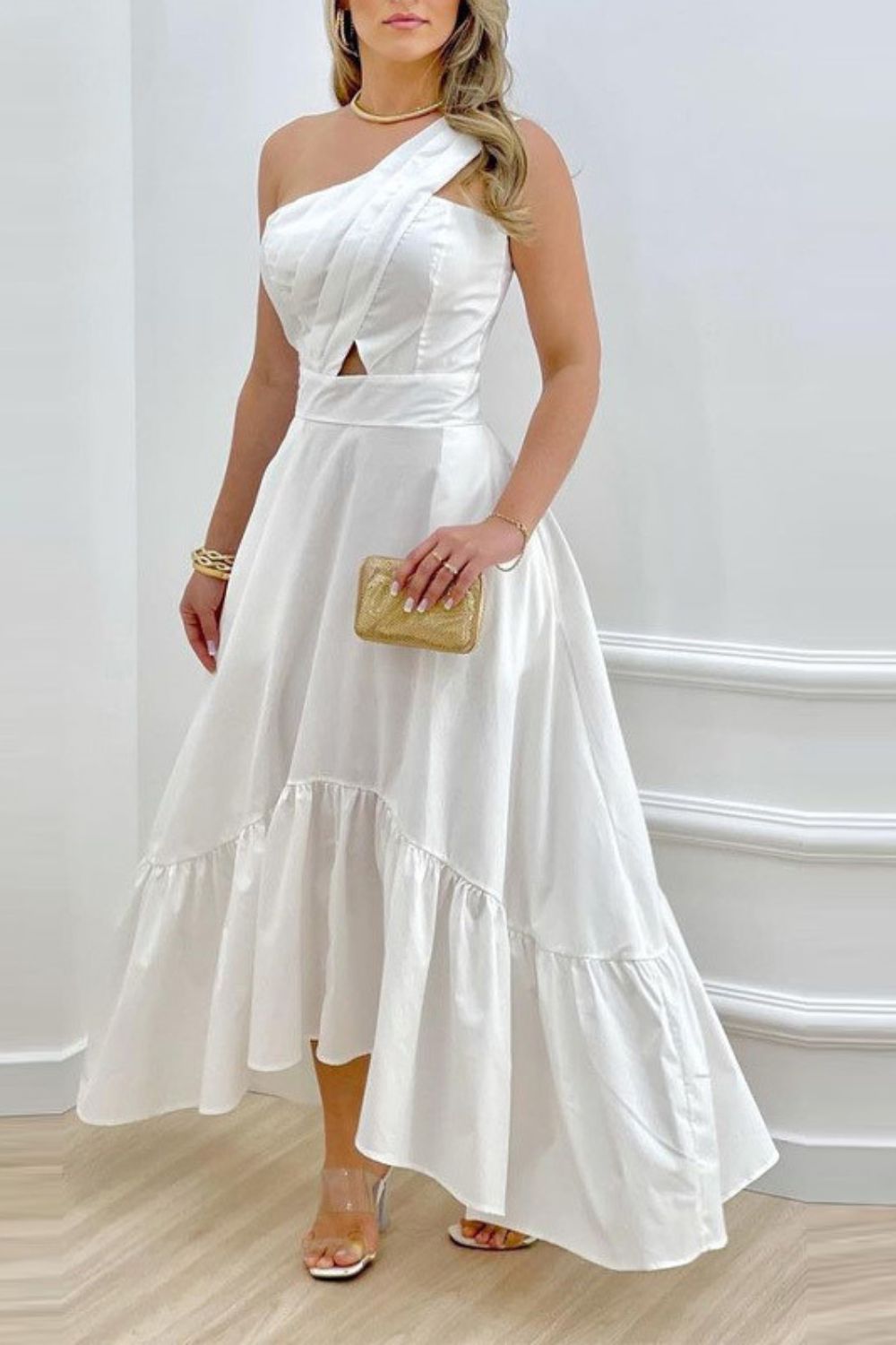 Summer Women's Solid Color Sexy Diagonal Neck Waist Ruffle Party  Maxi Dress