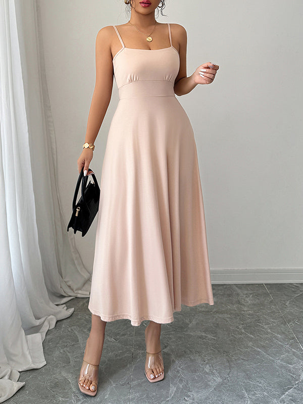 Backless Pleated Solid Color A-Line High Waisted Spaghetti-Neck Midi Dresses