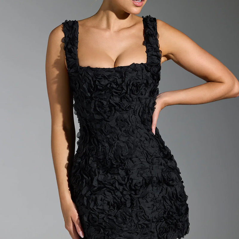 Women's Sexy Spaghetti Strap Mini Dress Solid Color 3D Flower Bodycon Short Party Dress