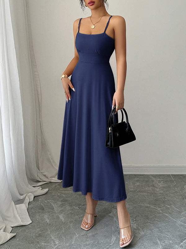 Backless Pleated Solid Color A-Line High Waisted Spaghetti-Neck Midi Dresses