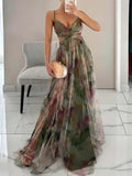 Elegant Painted Floral Print V-Neck A-Line Maxi Dress