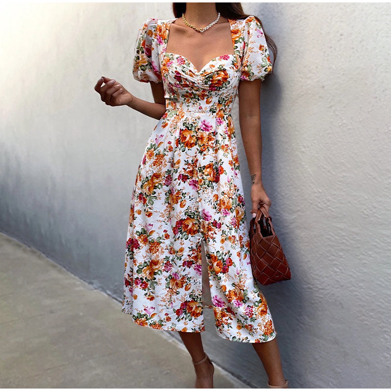 Fashion Off Shoulder Print Sexy Retro Elegant High Slit Ruffle Casual Maxi Dress