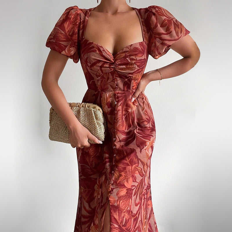 Fashion Off Shoulder Print Sexy Retro Elegant High Slit Ruffle Casual Maxi Dress