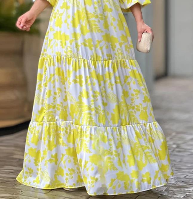 Women's Fashion Printed V-neck Bell Sleeve Long Sleeve Casual Maxi Dress