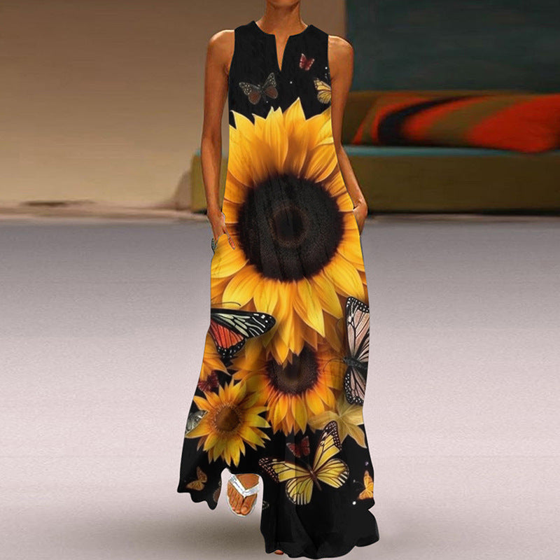 Summer Women Fashion Elegant Sleeveless V Neck Print Sexy Maxi Dress