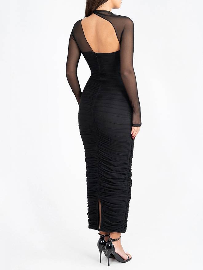 Mesh Backless Pleated Maxi Dress