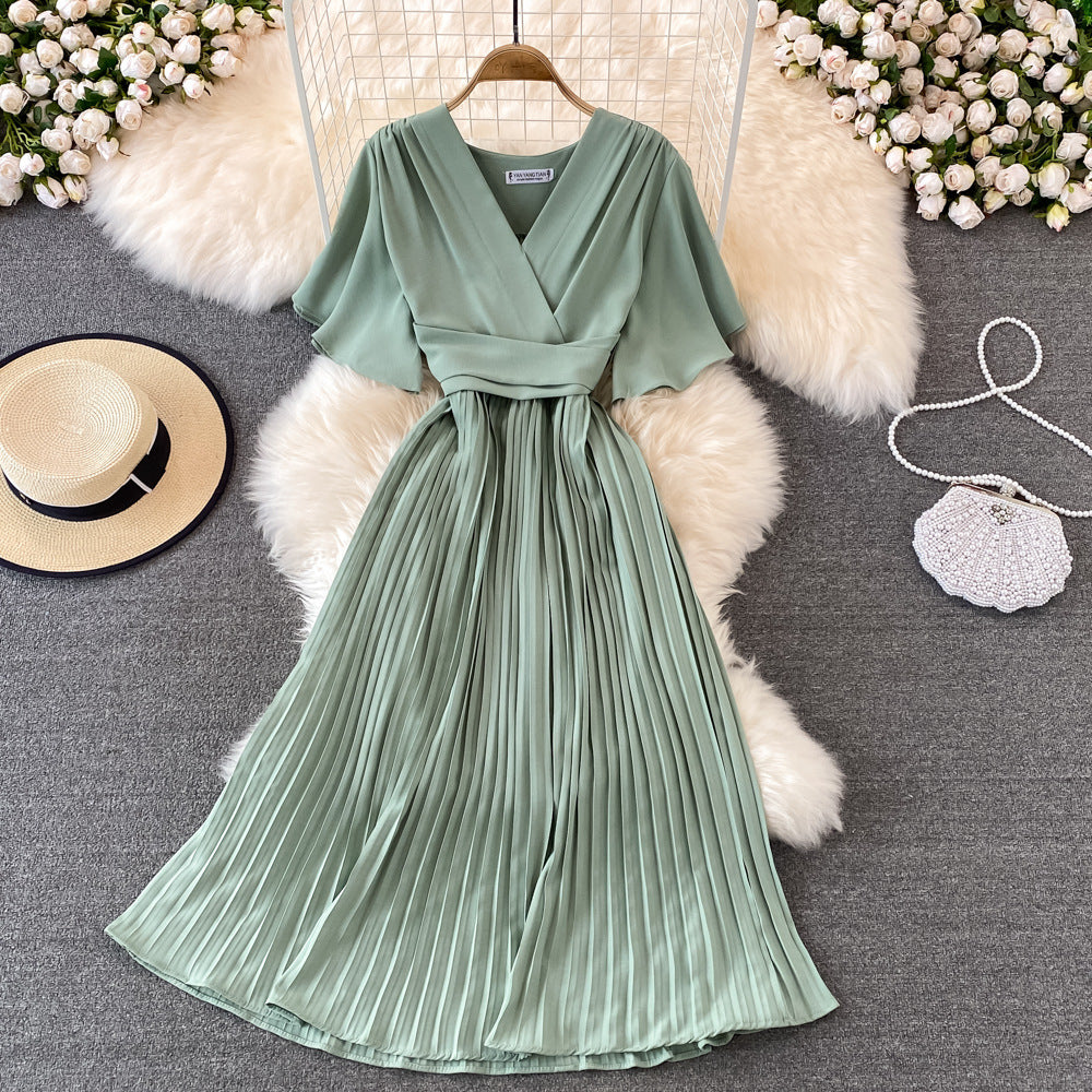 Women's Fashion Elegant Pleated Summer V Neck Vintage A-Line High Waist  Maxi Dress