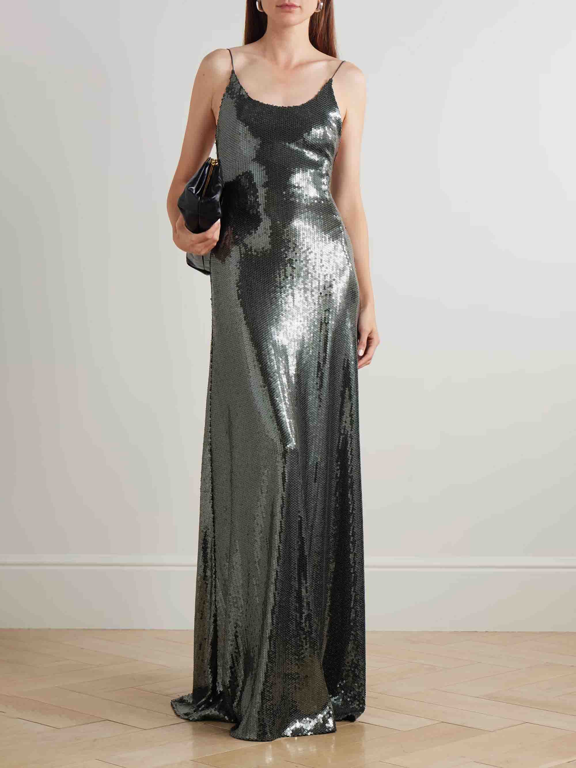Elegant Sequined Mesh Gown Maxi Dress