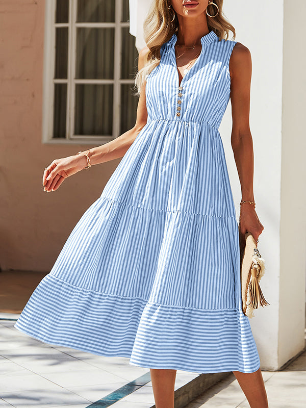 A-Line High Waisted Buttoned Split-Joint Striped V-Neck Midi Dresses