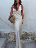 Exquisite Modern Day Glam Satin Lace Trim V-neck Cross Back Maxi Dress