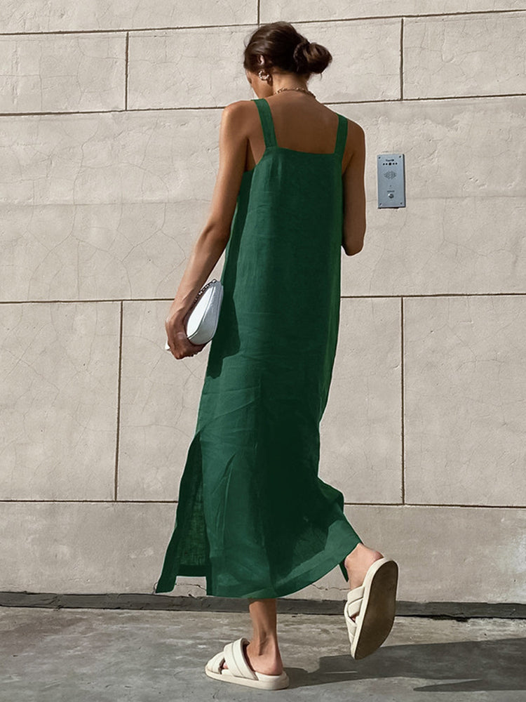 Summer Women Casual Solid Green Side Slit Spaghetti  Maxi Dress