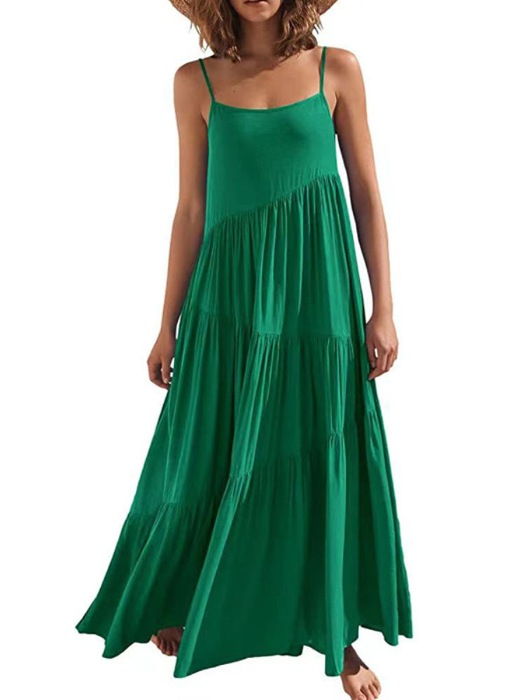 Summer Fashion Casual Solid Color Pleated Irregular Sling Maxi Dress