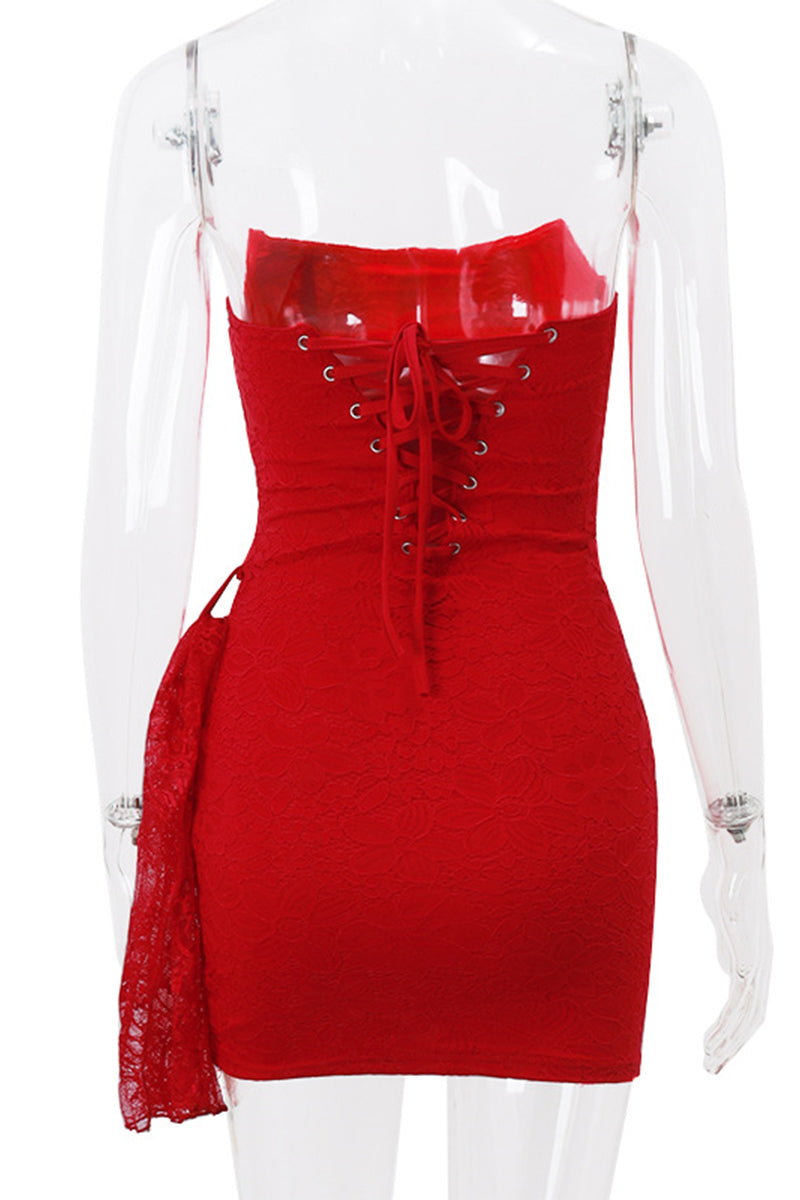 Sexy Lace Ruched Irregular U Neck Lace Dress Dresses(3 Colors)