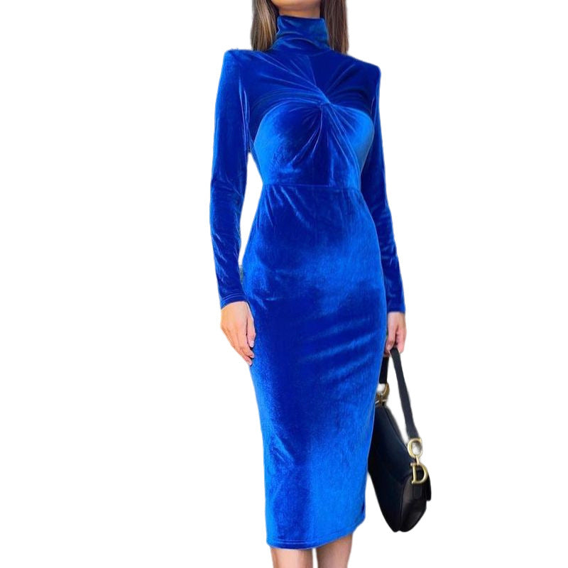 Women's Solid Color Sexy Fashion Slim Long Sleeve High Neck  Maxi Dress