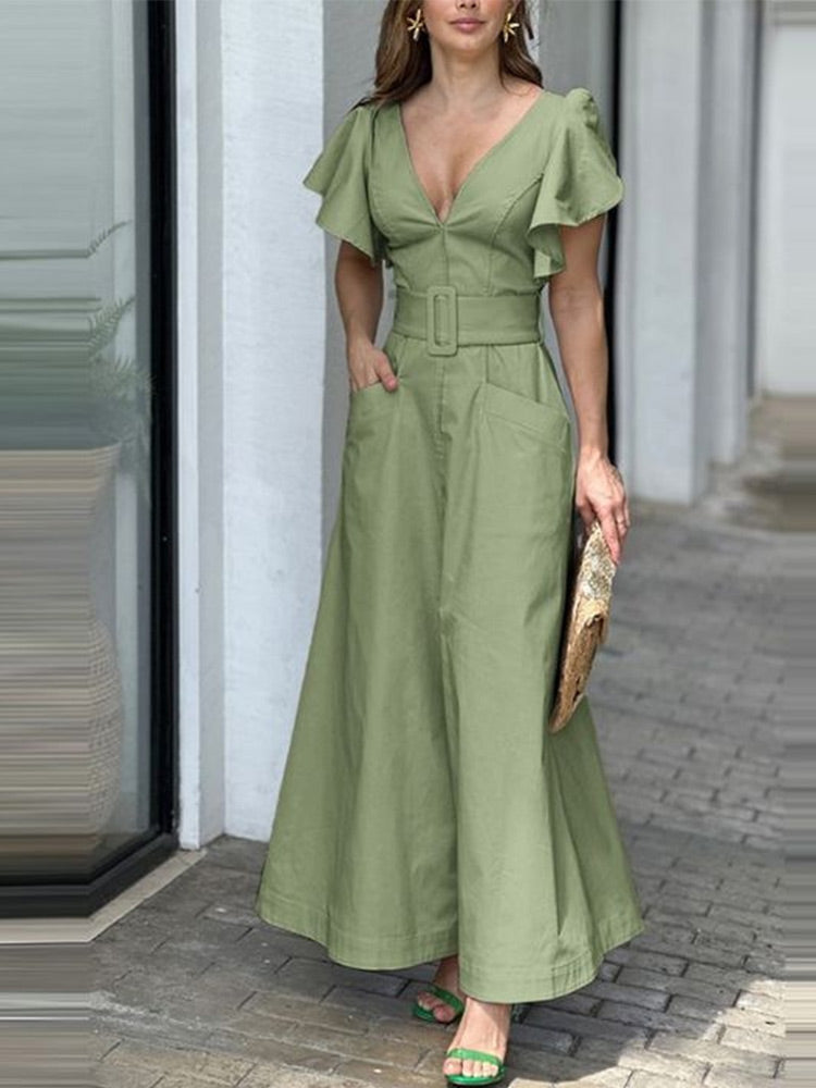 Fashion Solid Color Blouse Casual V Neck Ruffle Pocket Maxi Dress