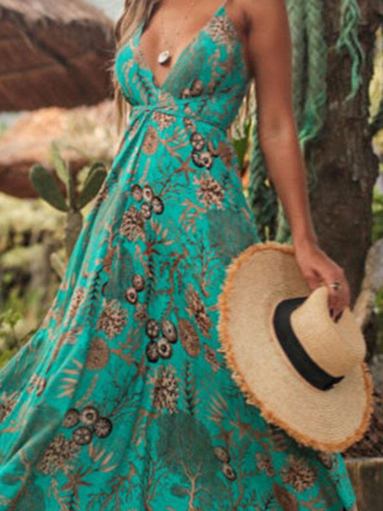 Summer Bohemian Vacation Fashion V Neck High Waist Halter Neck Beach Maxi Dress