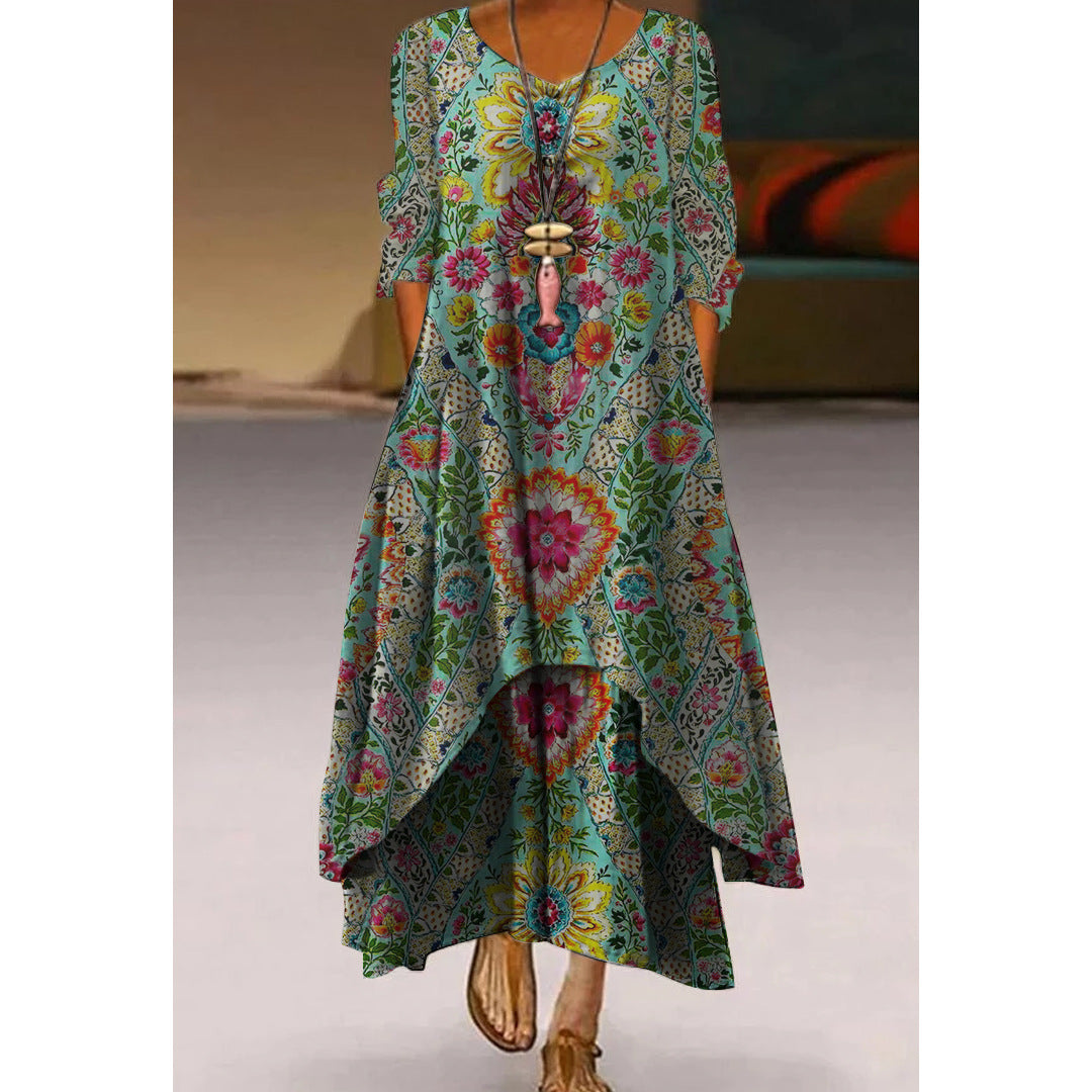 Women's Printed 3D Hem Irregular Sexy Bohemian  Maxi Dress