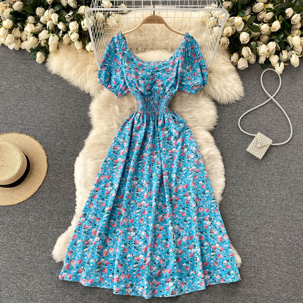 Women's Fashion V Neck Puff Sleeve Floral Print Casual Maxi Dress
