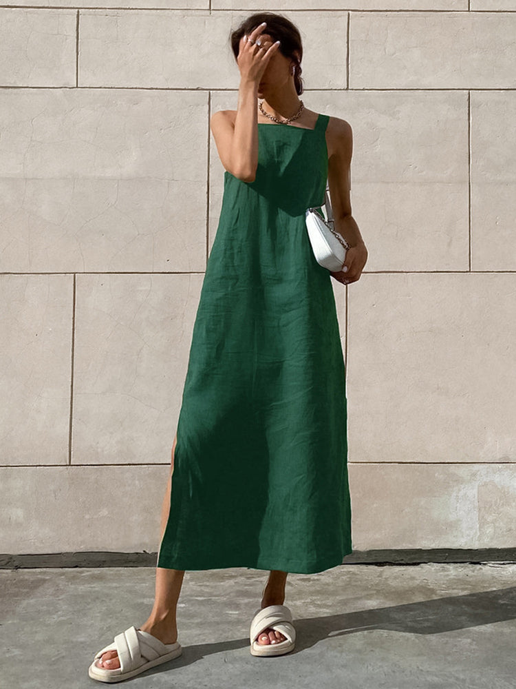 Summer Women Casual Solid Green Side Slit Spaghetti  Maxi Dress