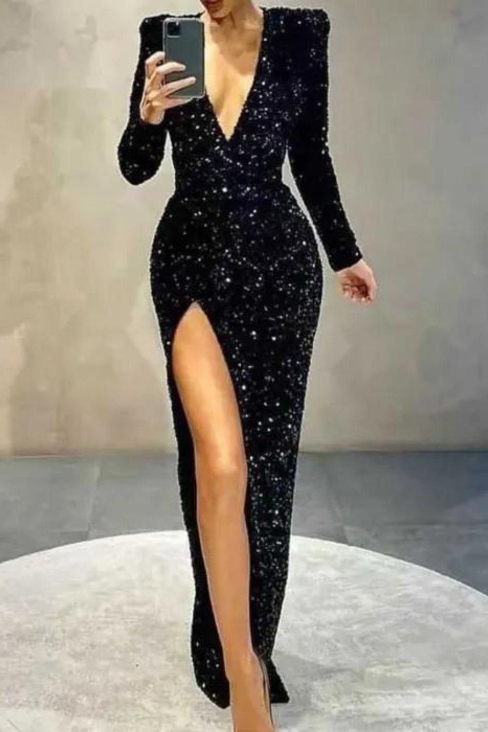 Stylish Elegant Luxurious Deep V Long Sleeve Sequin Slit Formal Wedding Maxi Dress