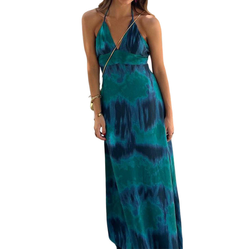 Fashion Feminine Printed Casual Tie Halter Neck Backless  Maxi Dress