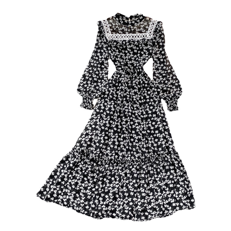 Women's Fashion Stand Collar Long Sleeves Slim Stitching Floral  Maxi Dress