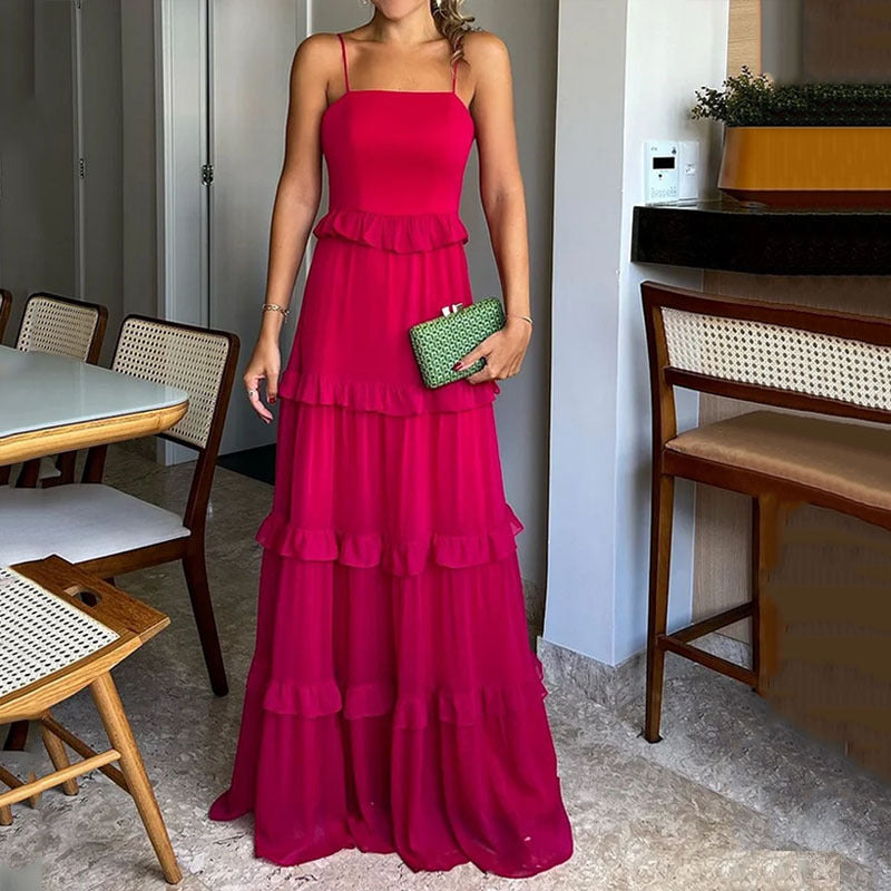 Fashion Summer Casual Sling Swing Party Solid Color Elegant  Maxi Dress