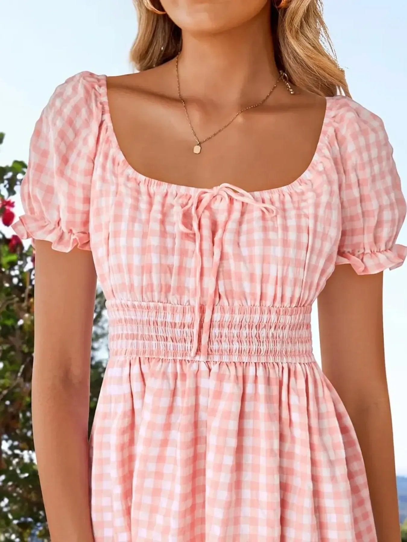 Gingham Smocked Puff Sleeve Summer Dress