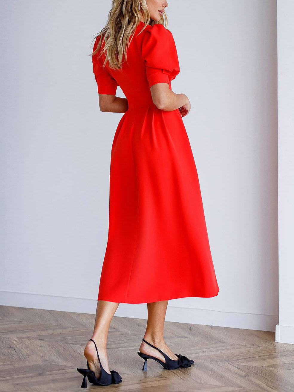 Elegant V-neck Puff Short Sleeve Midi Dress
