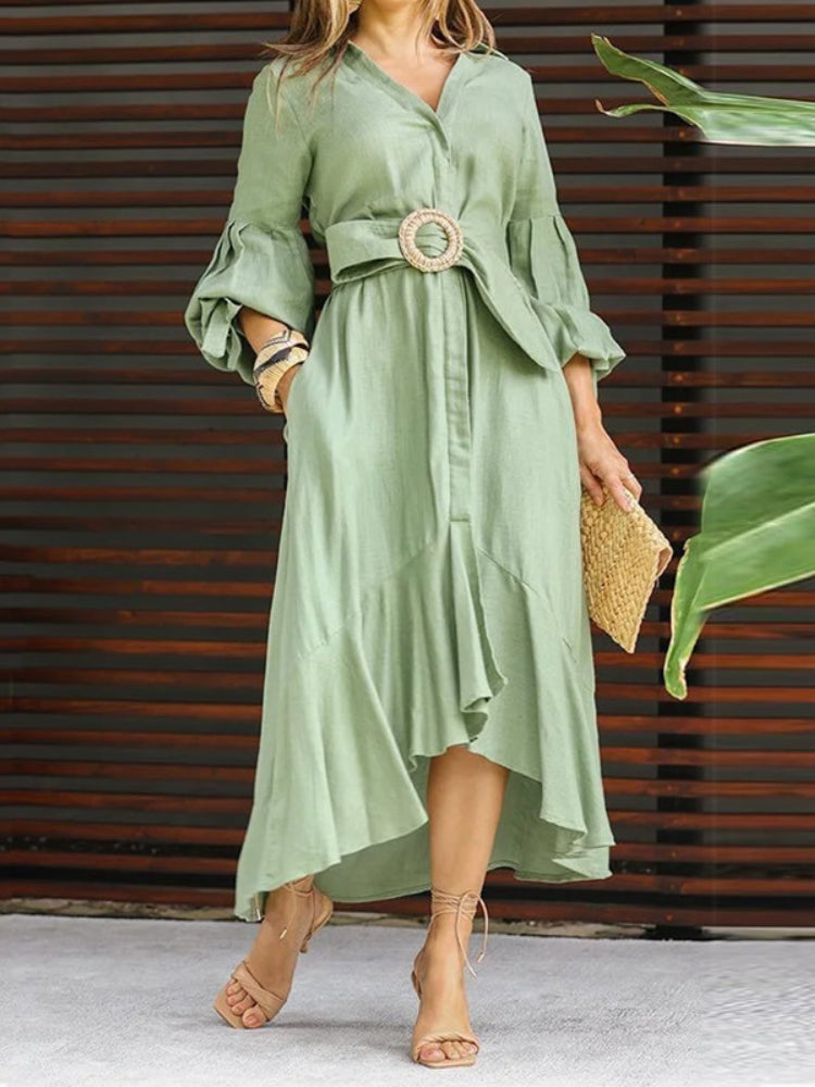 Women's Vintage Lapel Lantern Sleeve Lace-Up Blouse Elegant Chic Maxi Dress