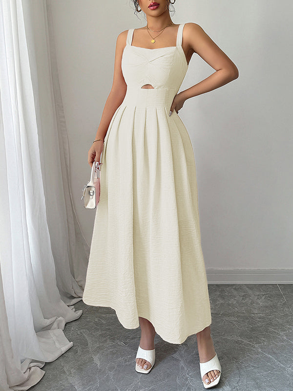 Backless Hollow Pleated Solid Color Zipper A-line High Waisted Spaghetti-Neck Midi Dresses