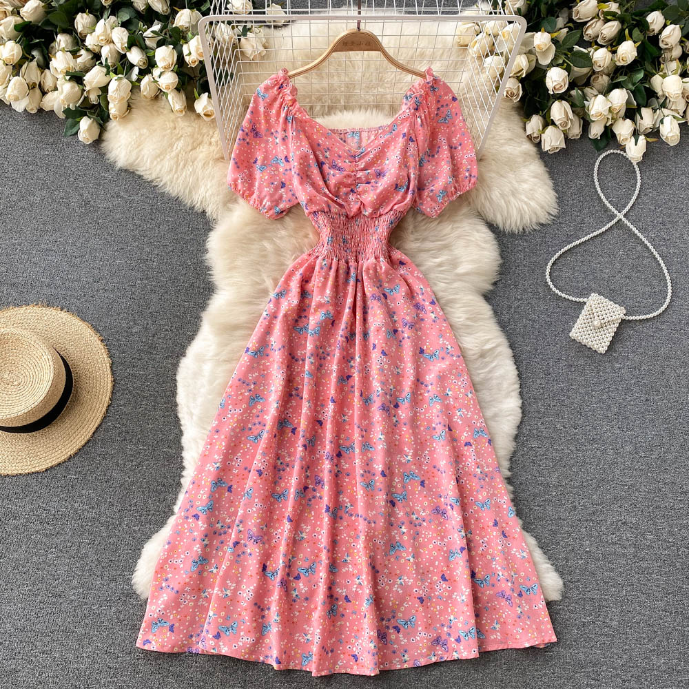 Women's Fashion V Neck Puff Sleeve Floral Print Casual Maxi Dress