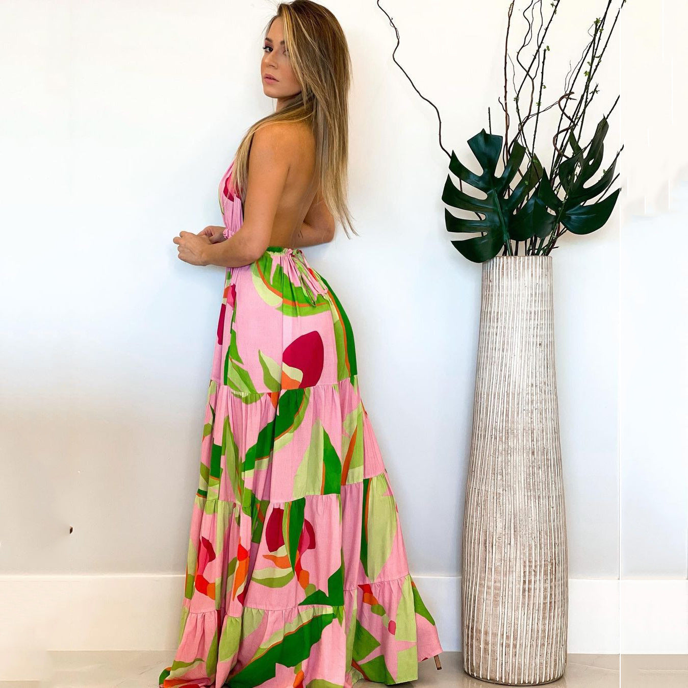 Women's Deep V Backless Party Fashion Bohemian Floral Sling Maxi Dress