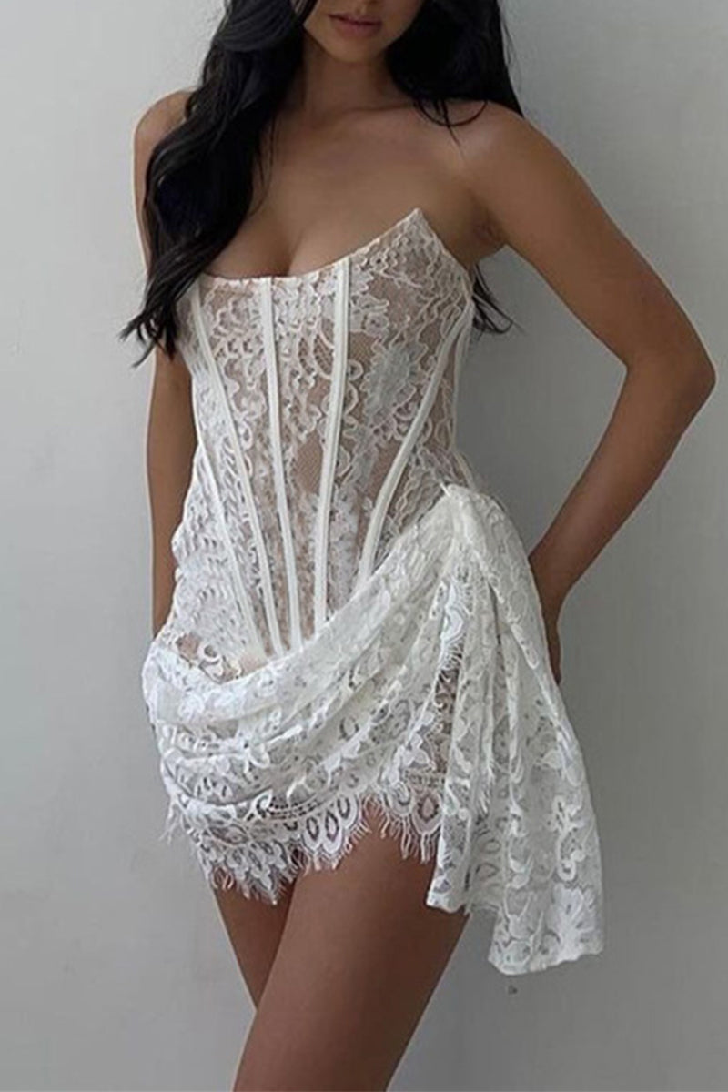 Sexy Lace Ruched Irregular U Neck Lace Dress Dresses(3 Colors)