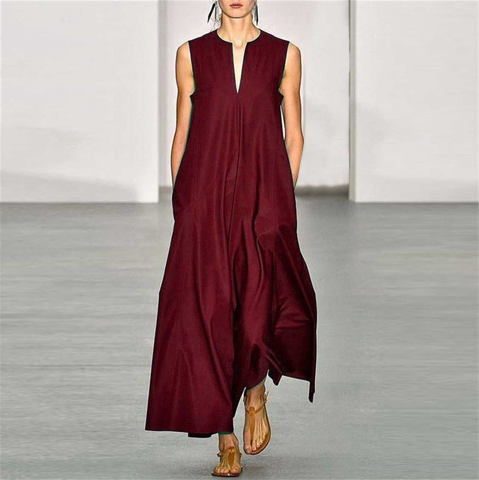 Summer Vintage Solid Color Casual V Neck Backless Party Maxi Dress