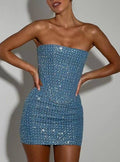 Denim Sequined Tube Top Hip-hugging Skirt Suit