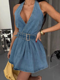 Halter Neck Belted Denim Mini Dress