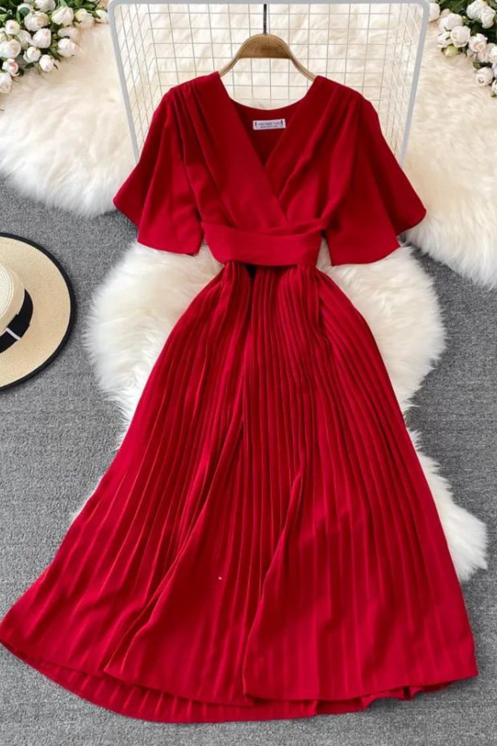 Women's Fashion Elegant Pleated Summer V Neck Vintage A-Line High Waist  Maxi Dress