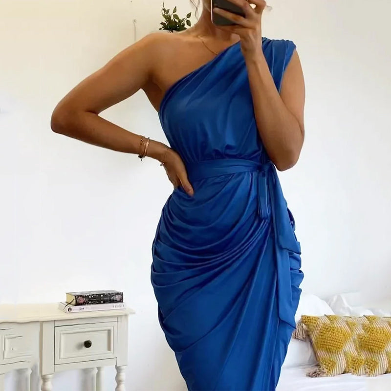 Fashion Solid Color One Shoulder Sleeveless Tie Slim Fit Slit Pleated Irregular Maxi Dress