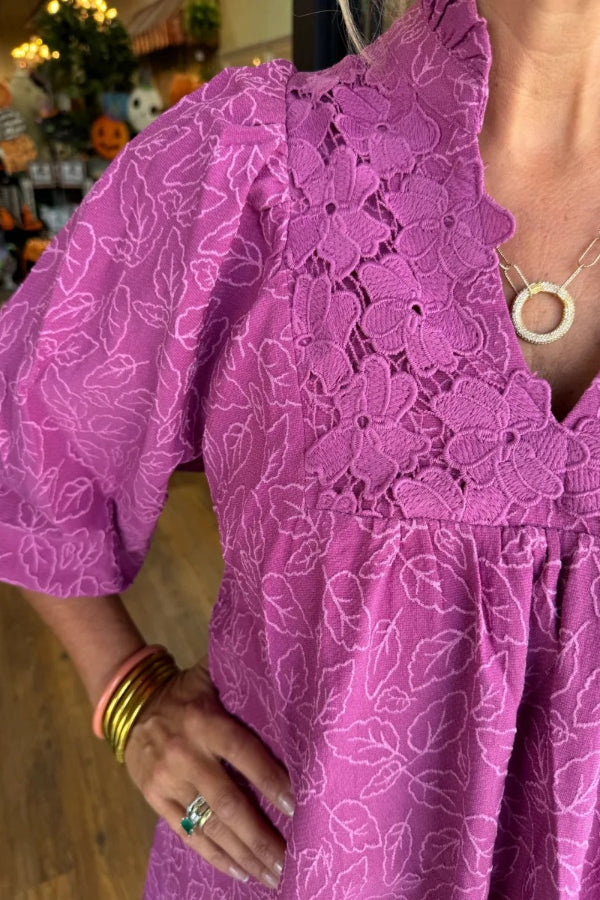 Women's Puff Sleeve Leaf Jacquard Mini Dress